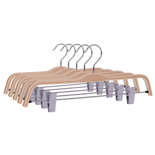 Umeraș compact din lemn natur cu clipsuri metalice pentru pantaloni - ideal pentru fuste și pantaloni - HUMERO