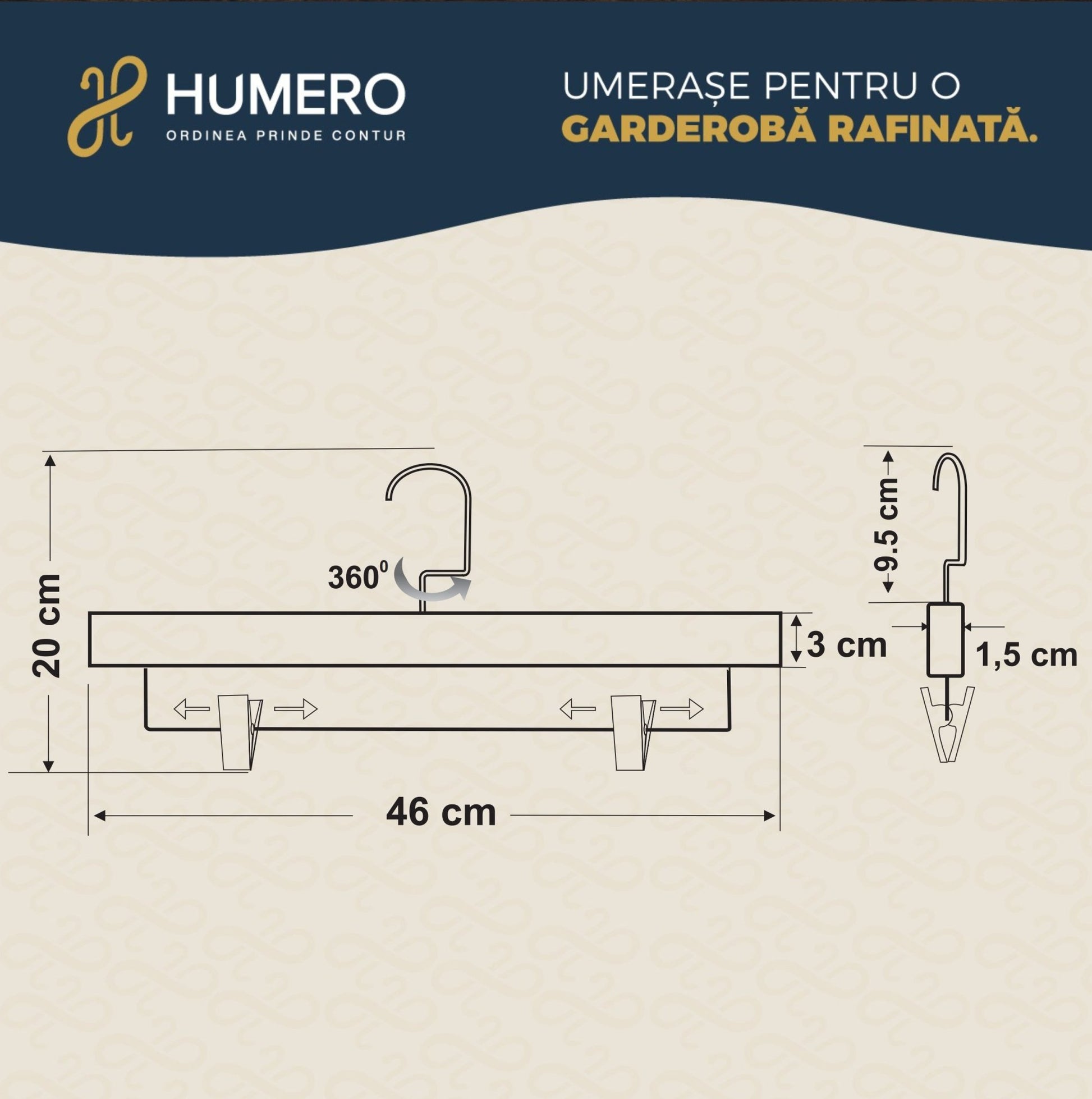 Umeraș de lux pentru pantaloni din lemn maro vintage cu clipsuri metalice - ideal pentru fuste și pantaloni - HUMERO