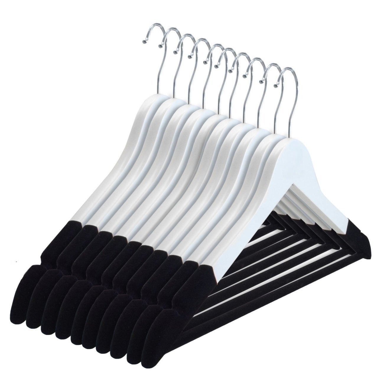 Umeraș din lemn, alb, cu finisaj vintage,bară pentru pantaloni și margini de catifea - ideal pentru cămăși, bluze, pantaloni, tricouri și rochii - HUMERO