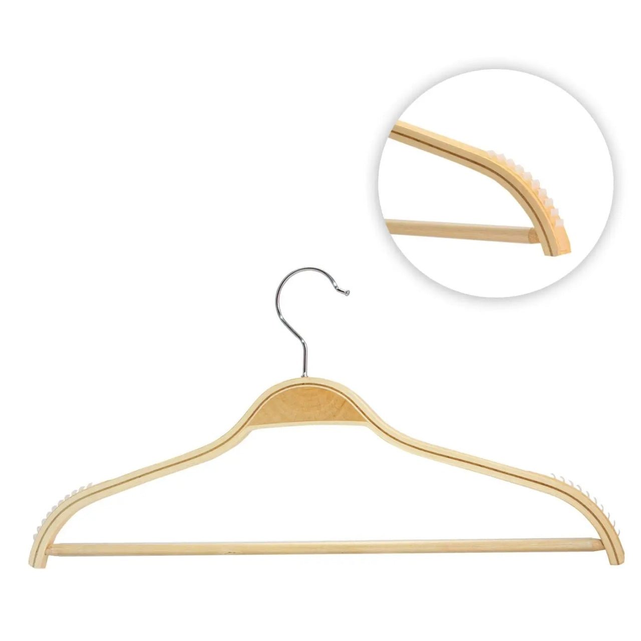Umeraș din lemn natur cu margini din cauciuc anti - alunecare și bară pentru pantaloni - ideal pentru cămăși, bluze, pantaloni, tricouri și rochii - HUMERO