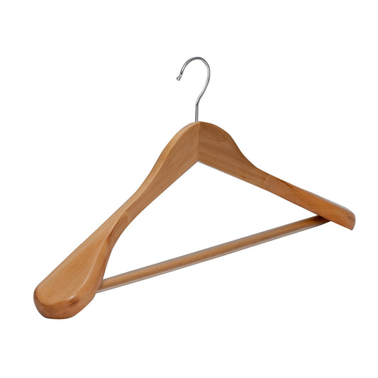 Umeraș din lemn natur cu umeri lați, bară pentru pantaloni și design modern - ideal pentru costume, sacouri, cămăși, bluze, pantaloni și tricouri - HUMERO