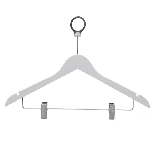 Umeraș hotelier din lemn alb cu cârlig antifurt și clipsuri metalice - ideal pentru cămăși, bluze, pantaloni, tricouri și rochii - HUMERO