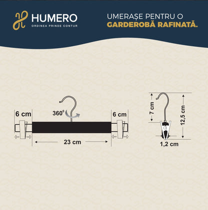 Umeraș lat pentru pantaloni din lemn natur cu clipsuri metalice - ideal pentru pantaloni și fuste - HUMERO