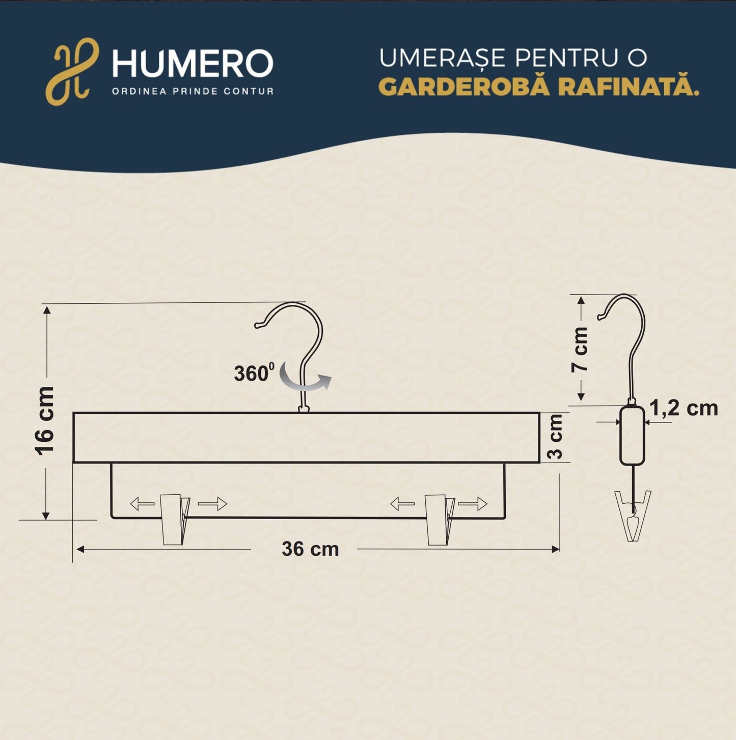 Umeraș pentru pantaloni din lemn alb cu clipsuri metalice - ideal pentru pantaloni și fuste - HUMERO